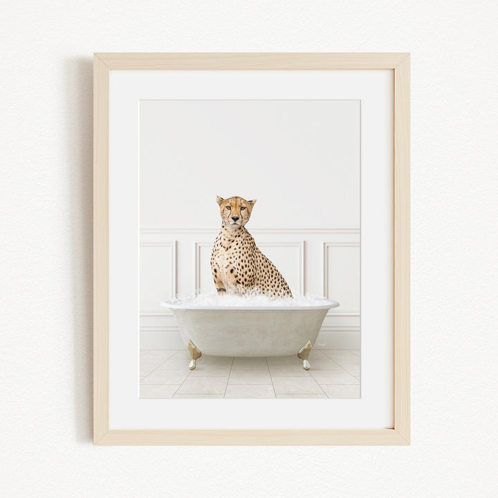 A cheetah sitting in a white bathtub filled with water, creating a playful and whimsical scene.