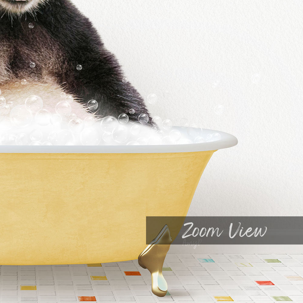 A cat sitting in a yellow bathtub filled with bubbles, with a text overlay that reads "Zoom View".