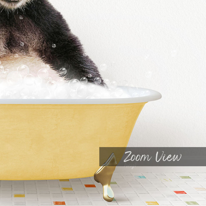 A cat sitting in a yellow bathtub filled with bubbles, with a text overlay that reads "Zoom View".