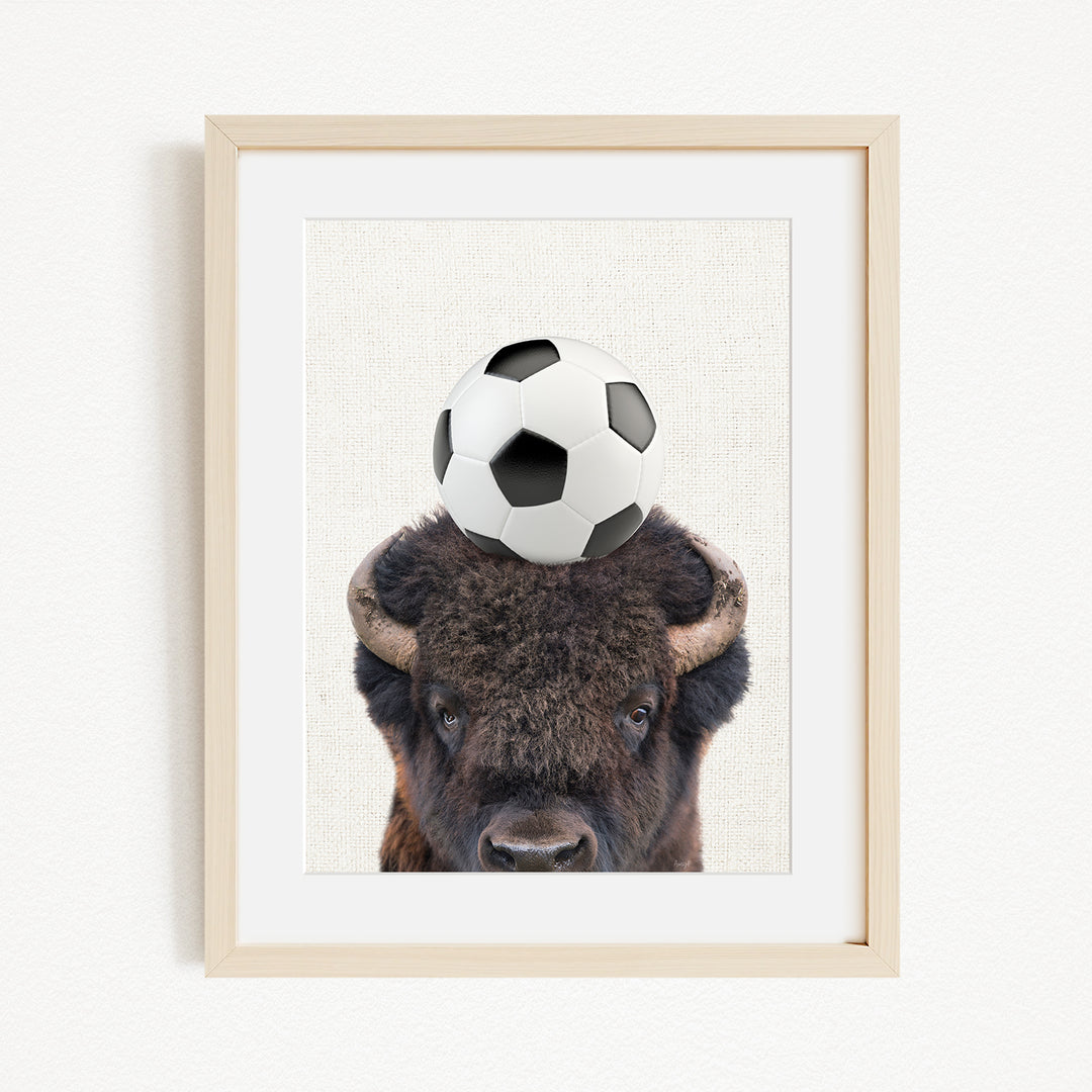 A framed image of a bison with a soccer ball on its head.