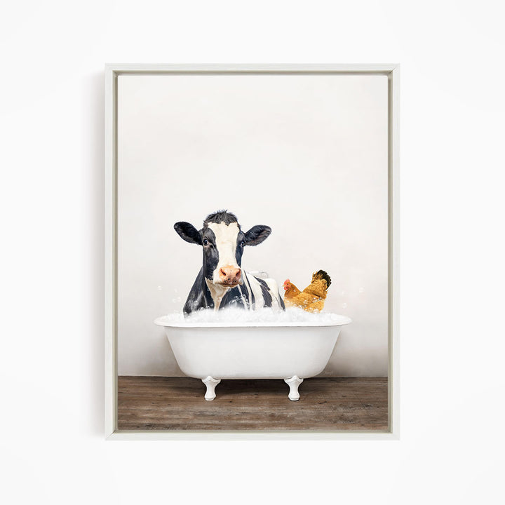 A black and white cow is sitting in a white bathtub, with a yellow chicken nearby, creating a whimsical and playful scene.