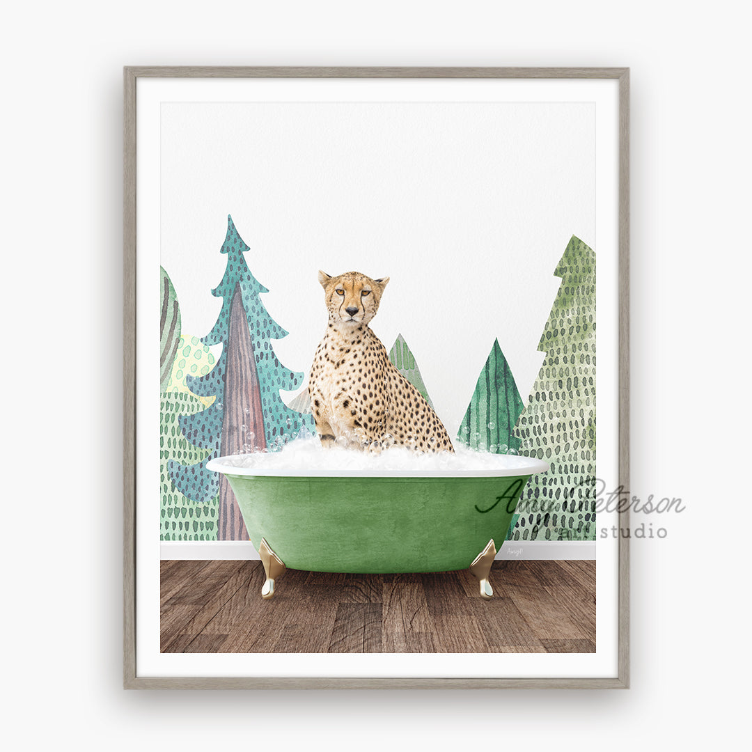 a picture of a cheetah sitting in a bathtub