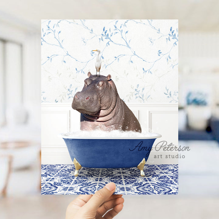 a hippo in a bathtub with a crown on its head