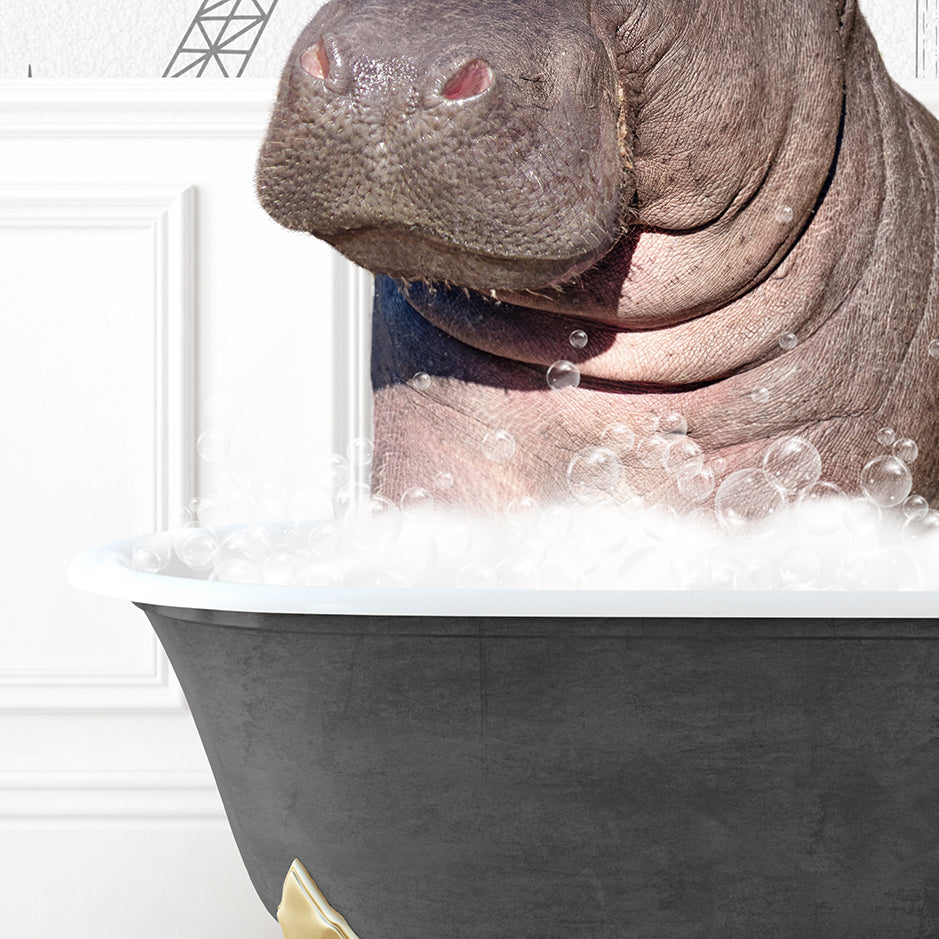 a hippopotamus sitting in a bathtub full of bubbles