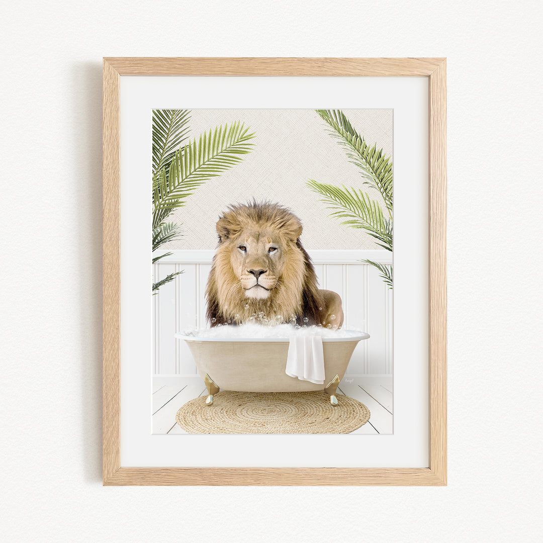 A lion is sitting in a bathtub filled with water, surrounded by palm leaves, creating a whimsical and playful scene.