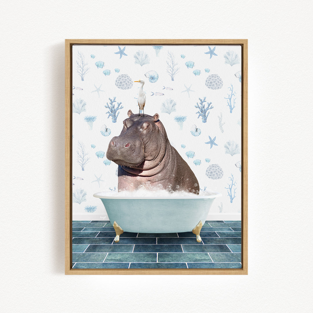 A hippopotamus sitting in a bathtub, with a bird perched on its head, against a backdrop of blue and white seashells and starfish.
