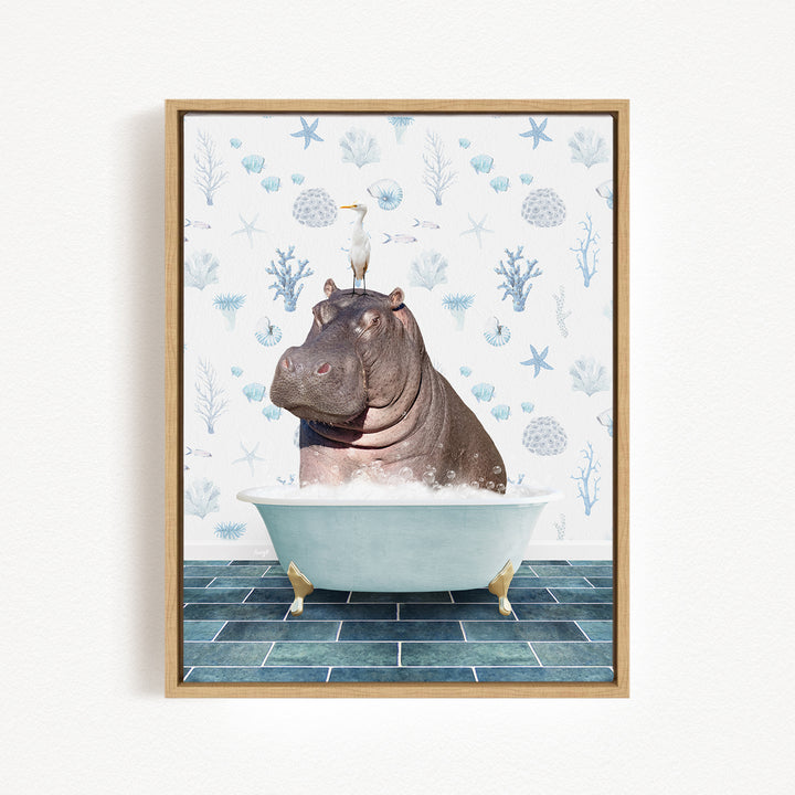 A hippopotamus sitting in a bathtub, with a bird perched on its head, against a backdrop of blue and white seashells and starfish.