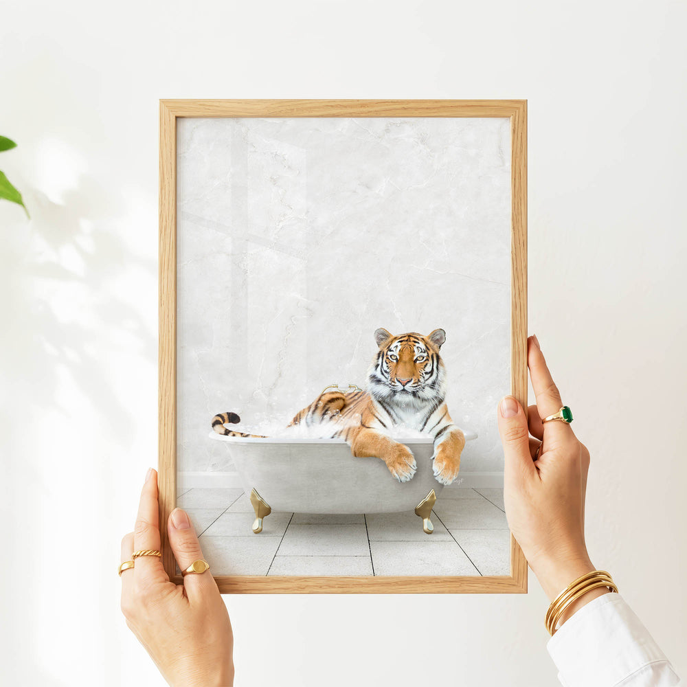 A person's hands are holding a framed picture of a tiger sitting in a bathtub.