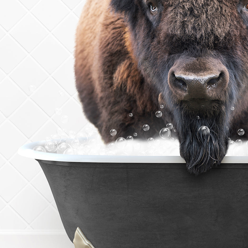 a bison standing in a bathtub with bubbles coming out of it