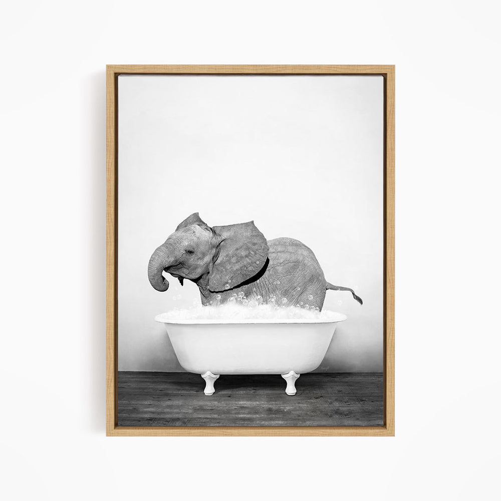 A black and white photograph of a baby elephant standing in a bathtub filled with water.