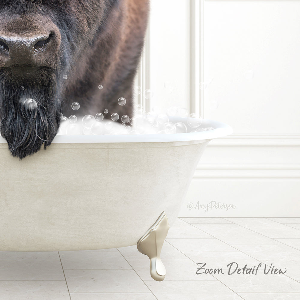A dog with a long, shaggy coat is standing in a white bathtub filled with bubbles, enjoying a bath.