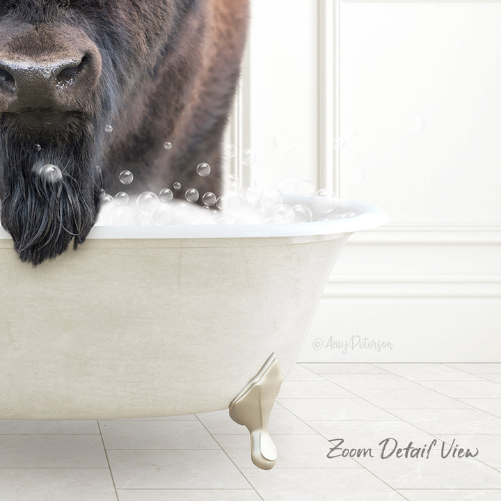 A dog with a long, shaggy coat is standing in a white bathtub filled with bubbles, enjoying a bath.