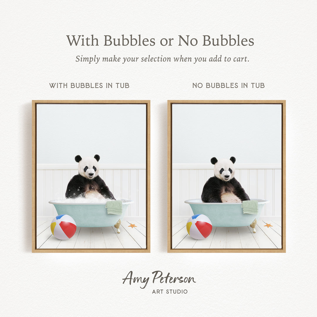 The image is a collage of two pictures featuring a panda bear sitting in a bathtub, with one picture having bubbles and the other not. The text above the images reads "With Bubbles or No Bubbles Simply make your selection when you add to cart."