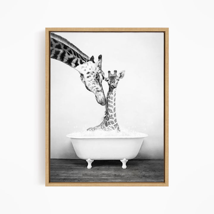 A mother giraffe and her baby giraffe enjoying a bath together in a white bathtub.