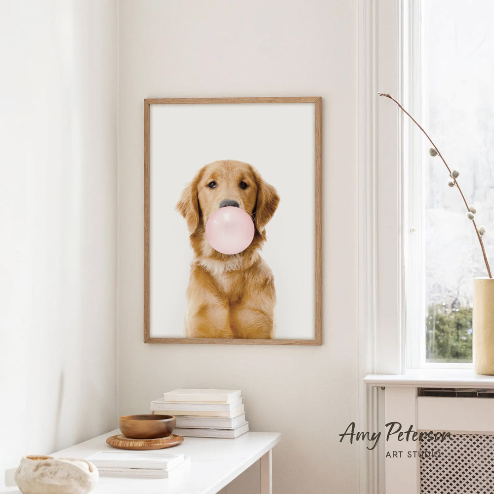 A framed photograph of a golden retriever dog holding a pink bubble gum bubble in its mouth, hanging on a white wall in a room with a white table and a window.