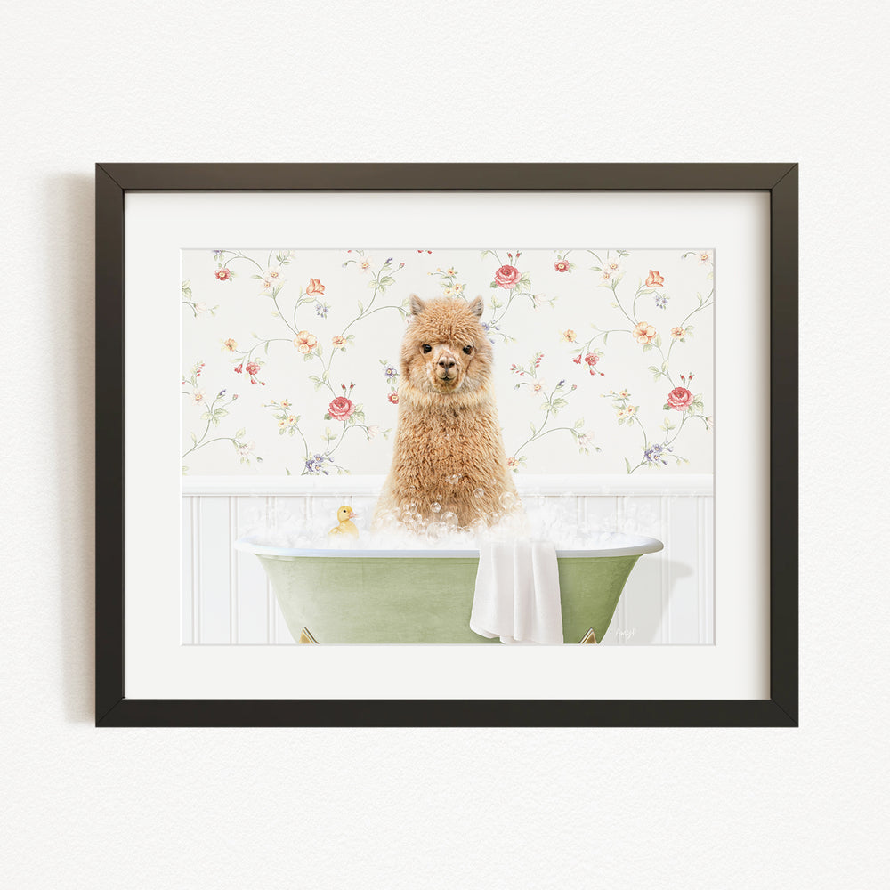 A fluffy brown dog is sitting in a green bathtub filled with bubbles, surrounded by a floral wallpaper.