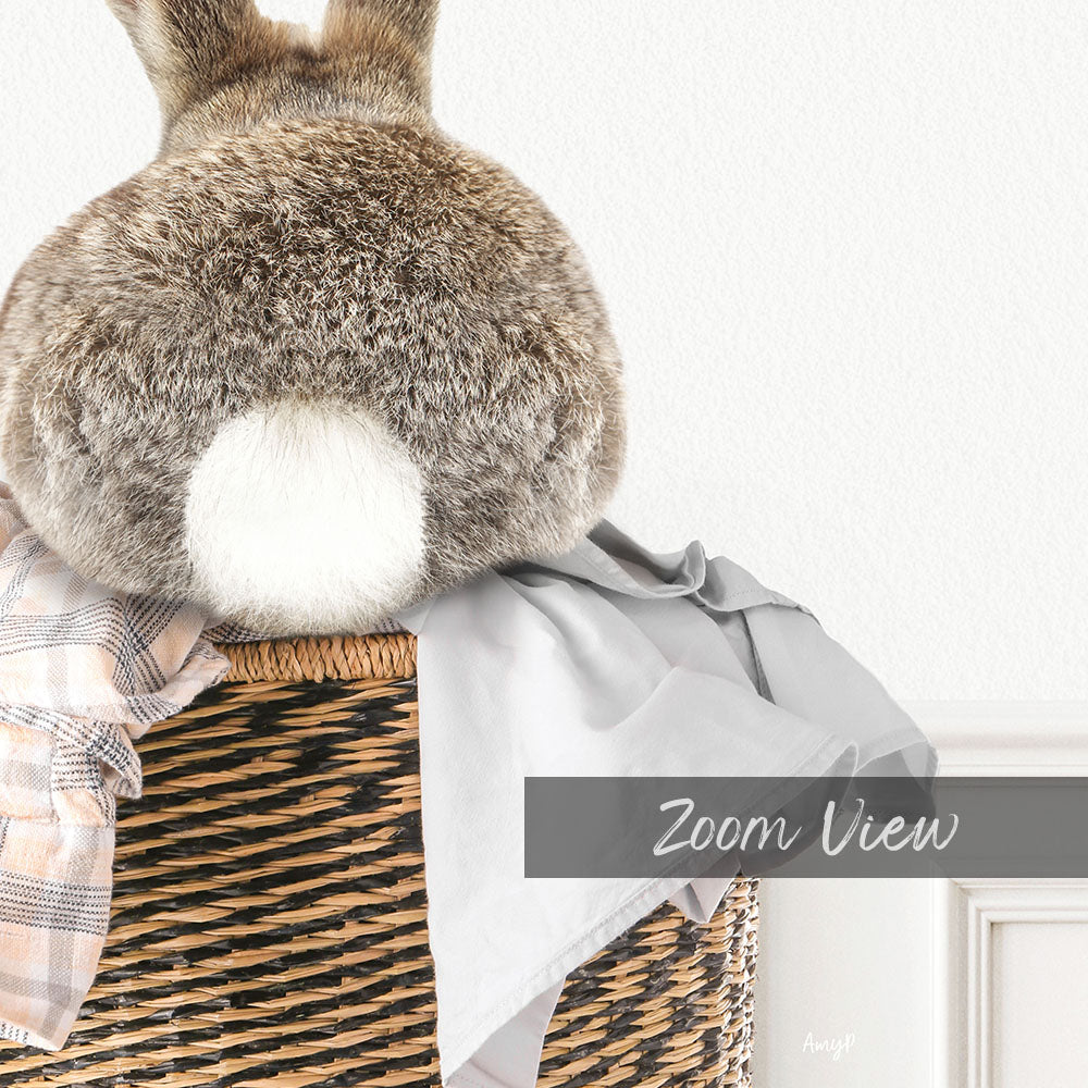 A fluffy gray rabbit sits in a woven basket, with a gray blanket and a white wall in the background.