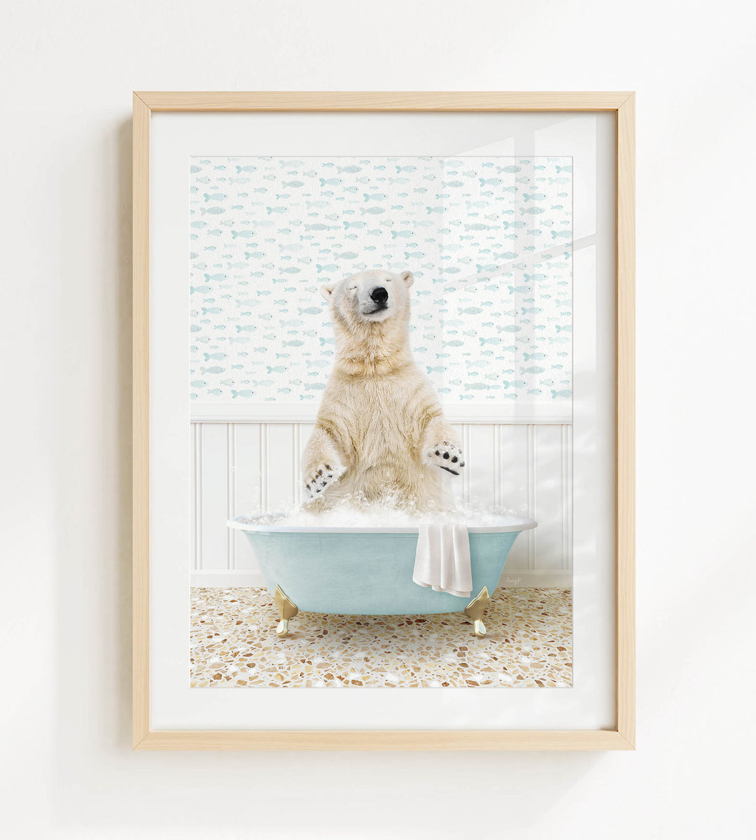 A polar bear sitting in a blue bathtub filled with bubbles, surrounded by a patterned wall and a tiled floor.