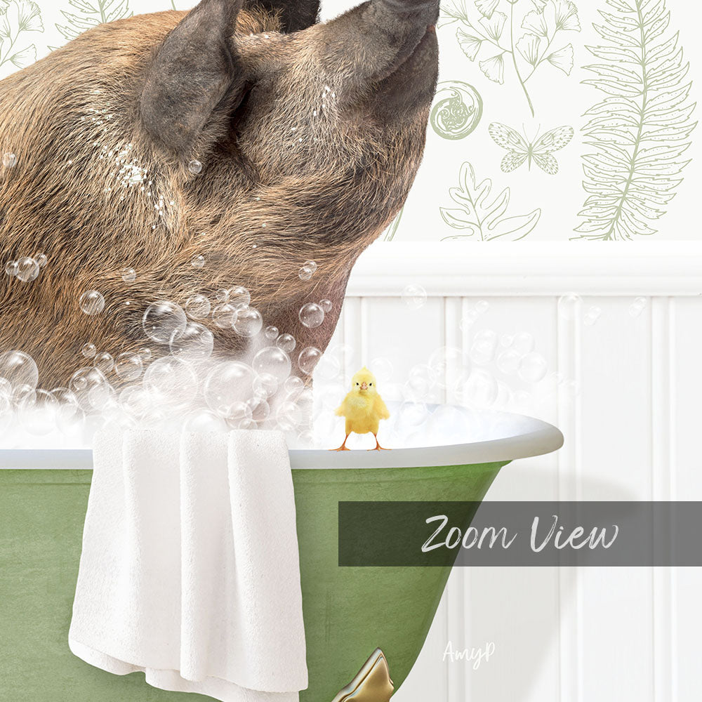 A pig is taking a bath in a green tub, with a small yellow chick standing on the edge of the tub, and a white towel hanging on the side of the tub.