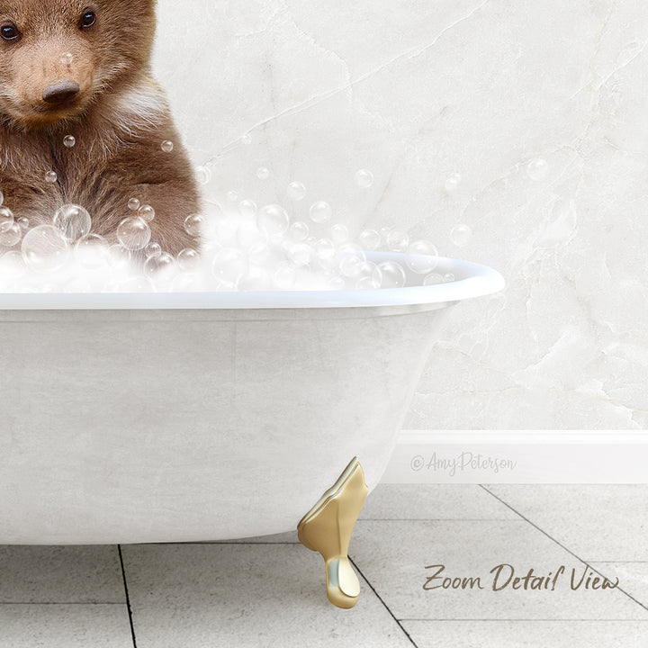 A brown bear sitting in a white bathtub filled with bubbles, with a text overlay that reads "Zoom Detail View".