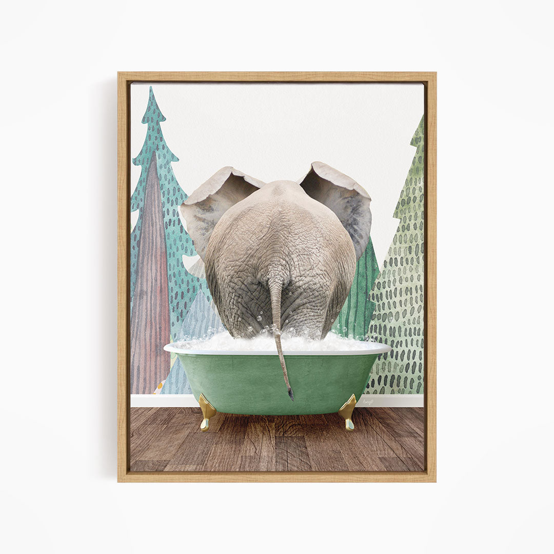 An elephant is standing in a green bathtub filled with water, surrounded by trees and a wooden floor.