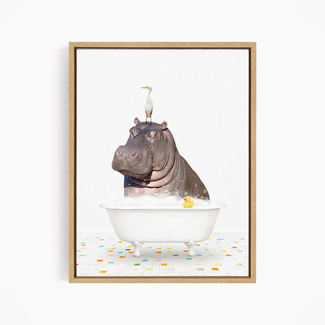 A hippopotamus sitting in a bathtub with a bird perched on its head.
