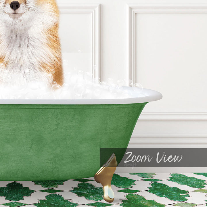A fluffy dog is sitting in a green bathtub filled with bubbles, with a white wall and a patterned tile floor in the background.