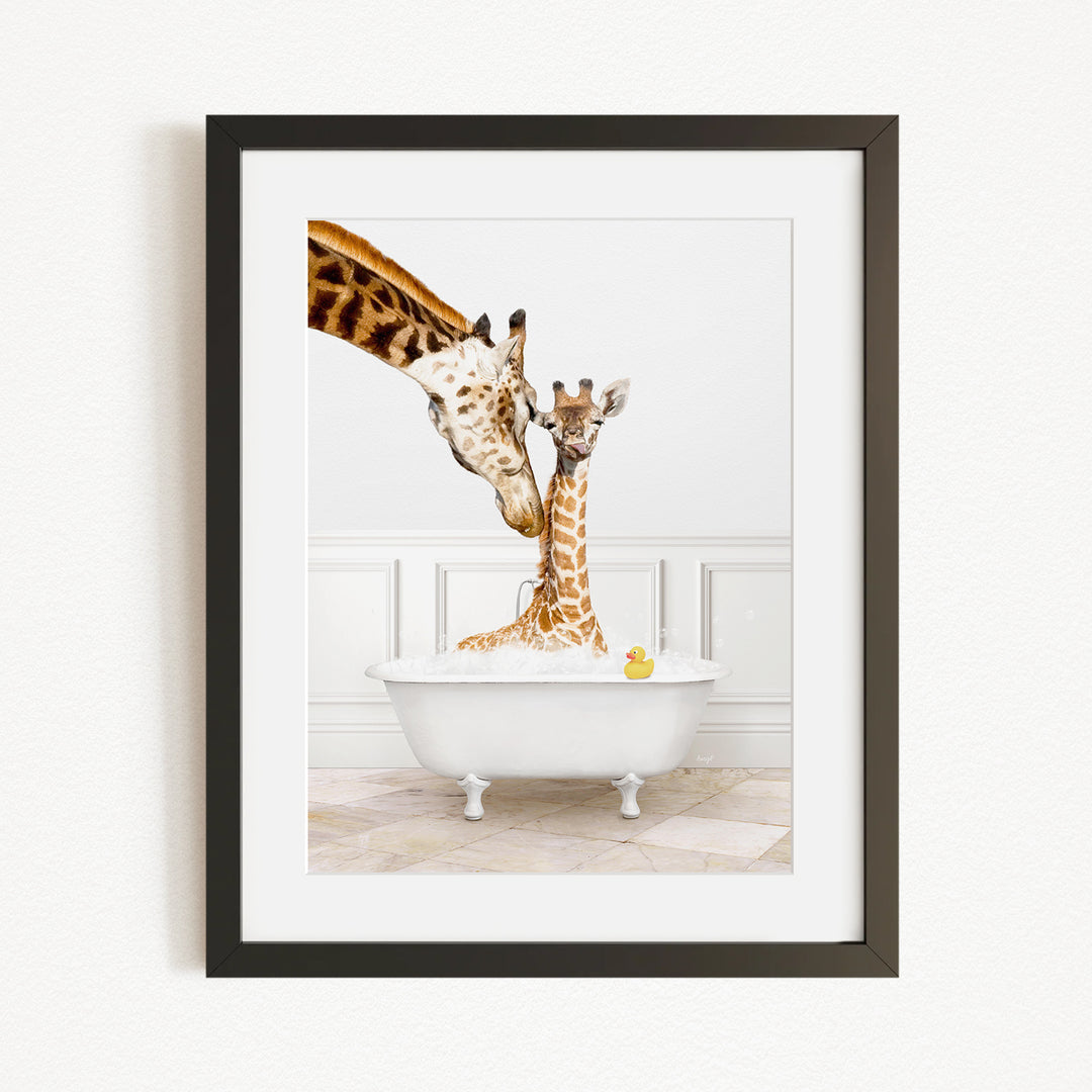 A mother giraffe and her baby giraffe are enjoying a bath together in a white bathtub, with a yellow rubber duck floating in the water.