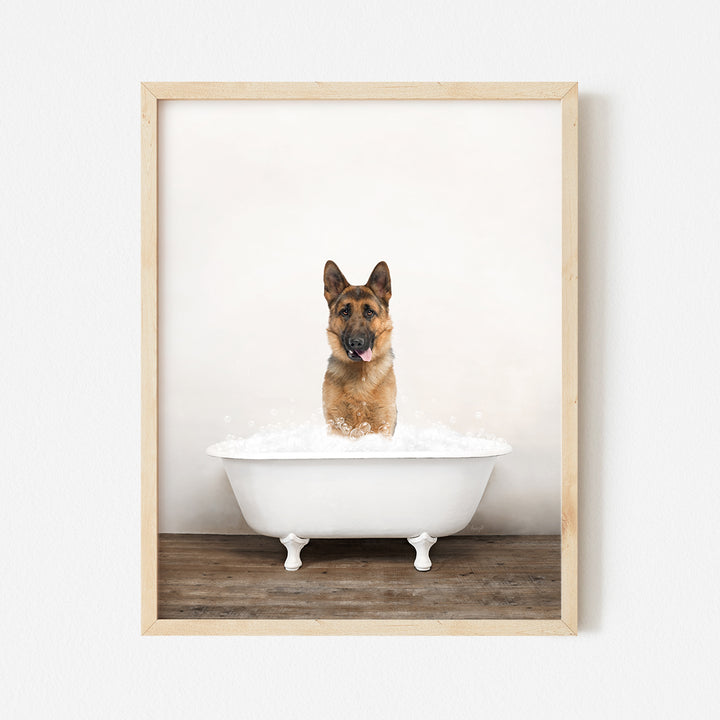 a dog is taking a bath in a bathtub