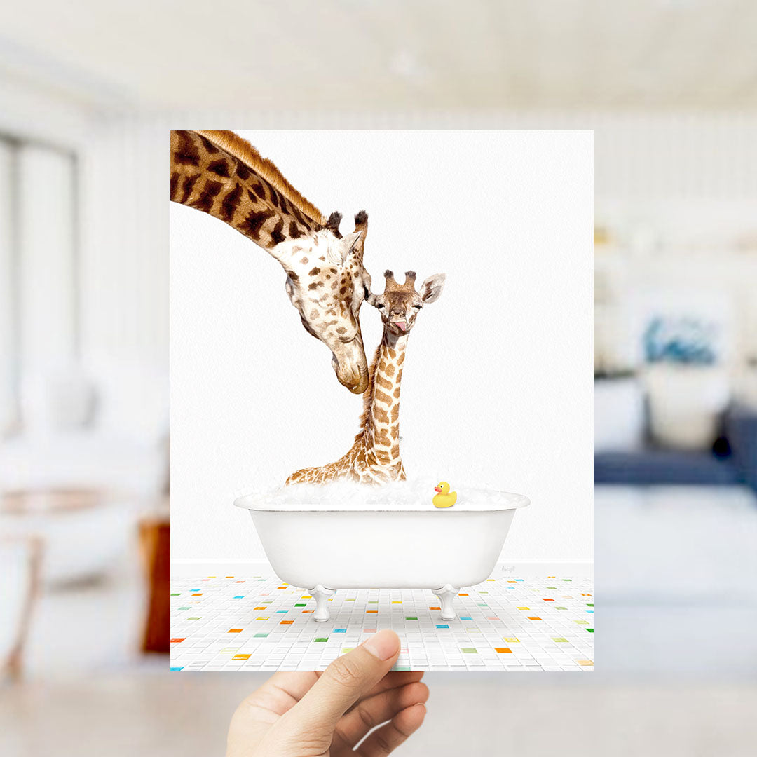 A mother giraffe and her baby giraffe are enjoying a bath together in a white bathtub, with a rubber duck floating in the water.