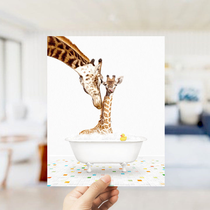 A mother giraffe and her baby giraffe are enjoying a bath together in a white bathtub, with a rubber duck floating in the water.