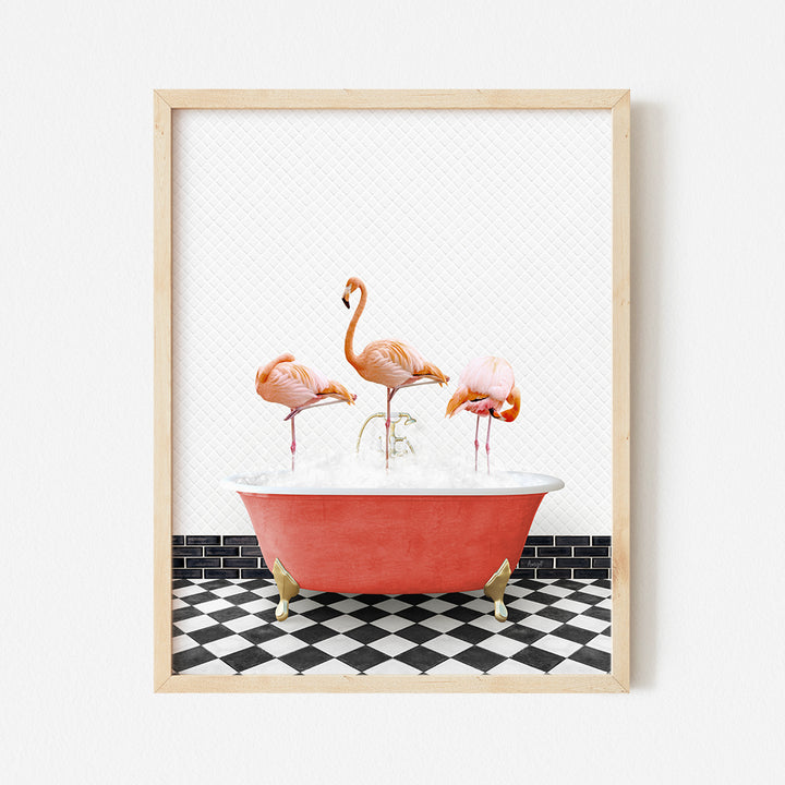 three flamingos in a bathtub with a black and white checkered floor