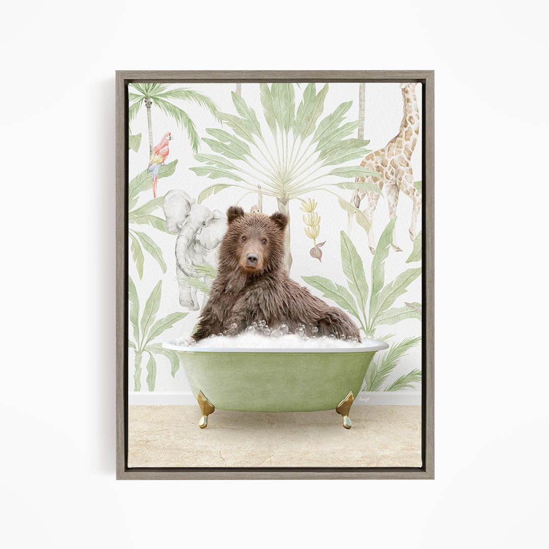 A brown bear is sitting in a green bathtub, surrounded by tropical foliage and animals, including a giraffe and a parrot.