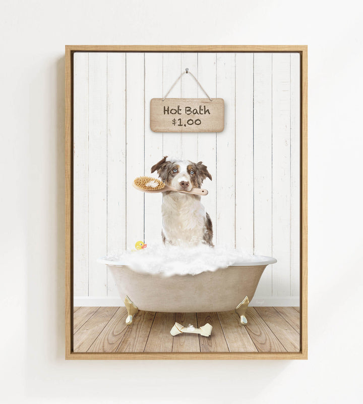A dog sitting in a bathtub filled with bubbles, holding a brush in its mouth, with a sign above that says "Hot Bath $1.00".