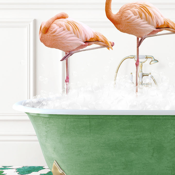 two flamingos standing in a bathtub full of bubbles