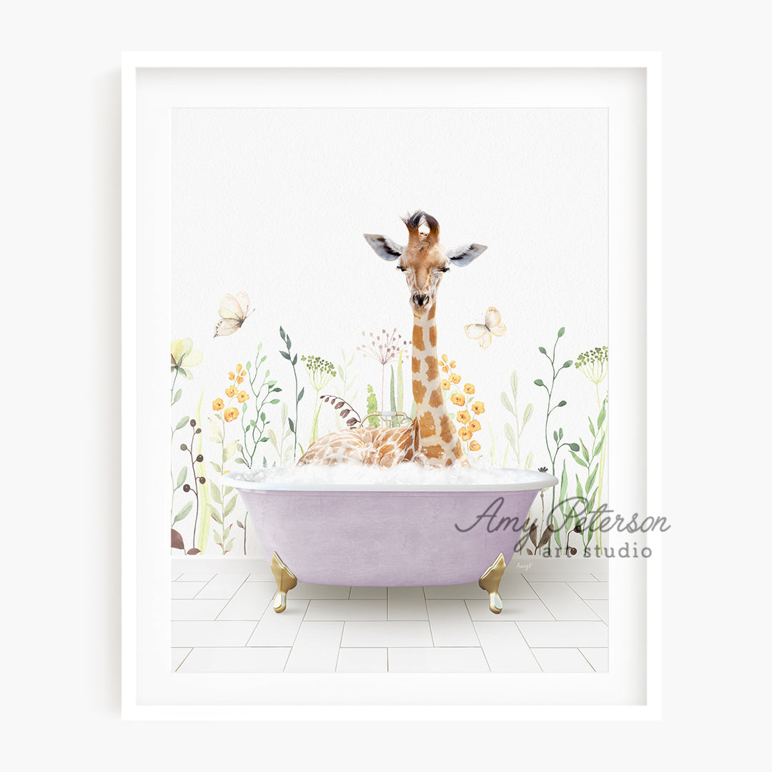 a giraffe is sitting in a bathtub with flowers on the wall