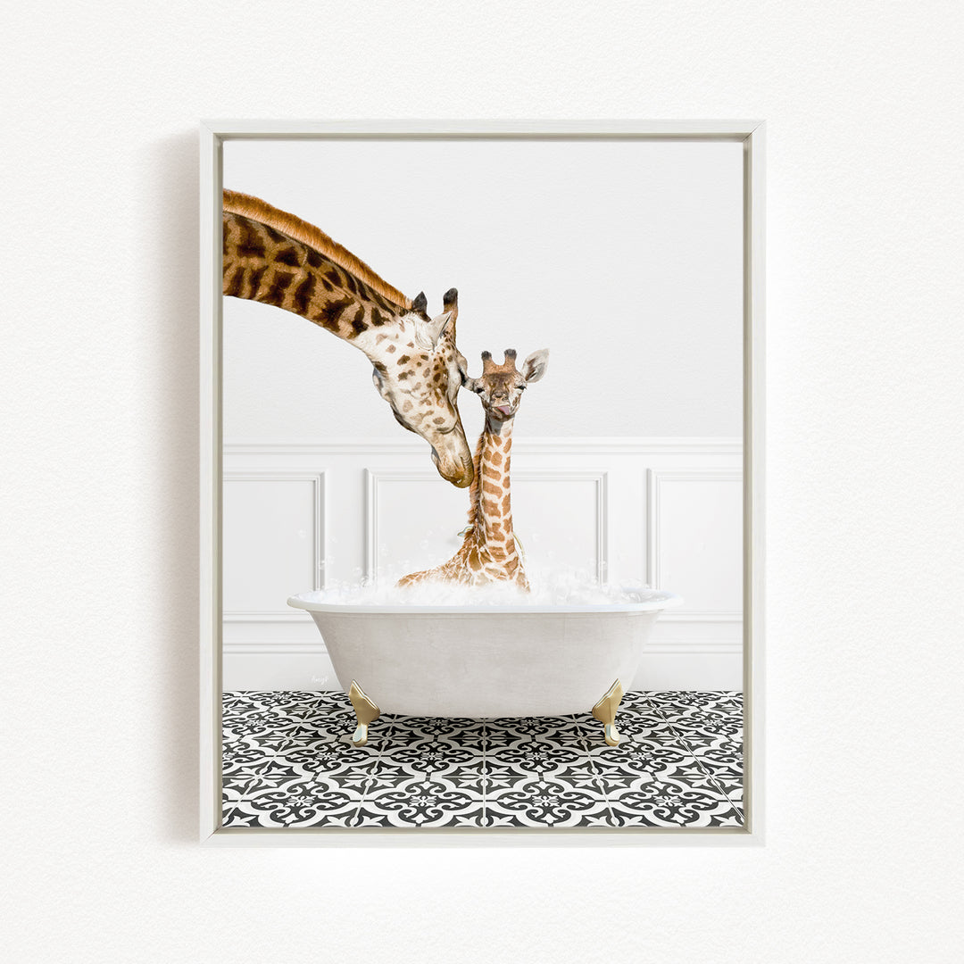 A mother giraffe and her baby giraffe are enjoying a bath together in a white bathtub, with the mother gently nuzzling her baby.