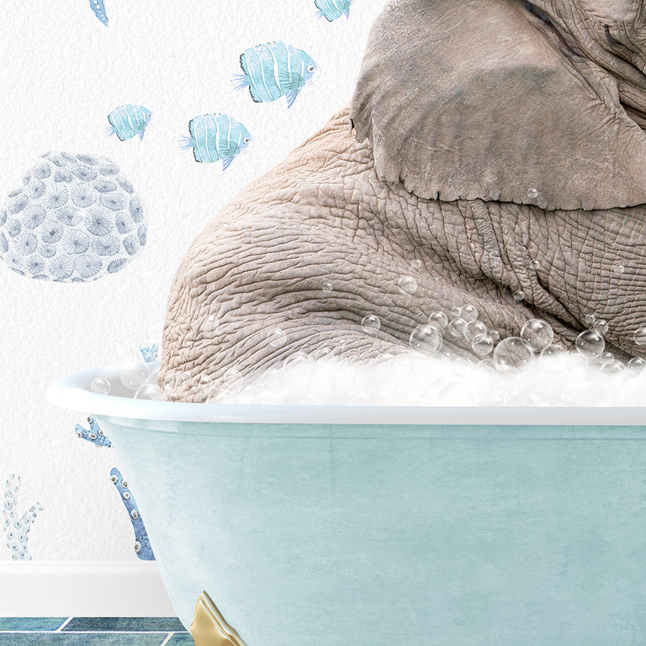 an elephant is taking a bath in a bathtub