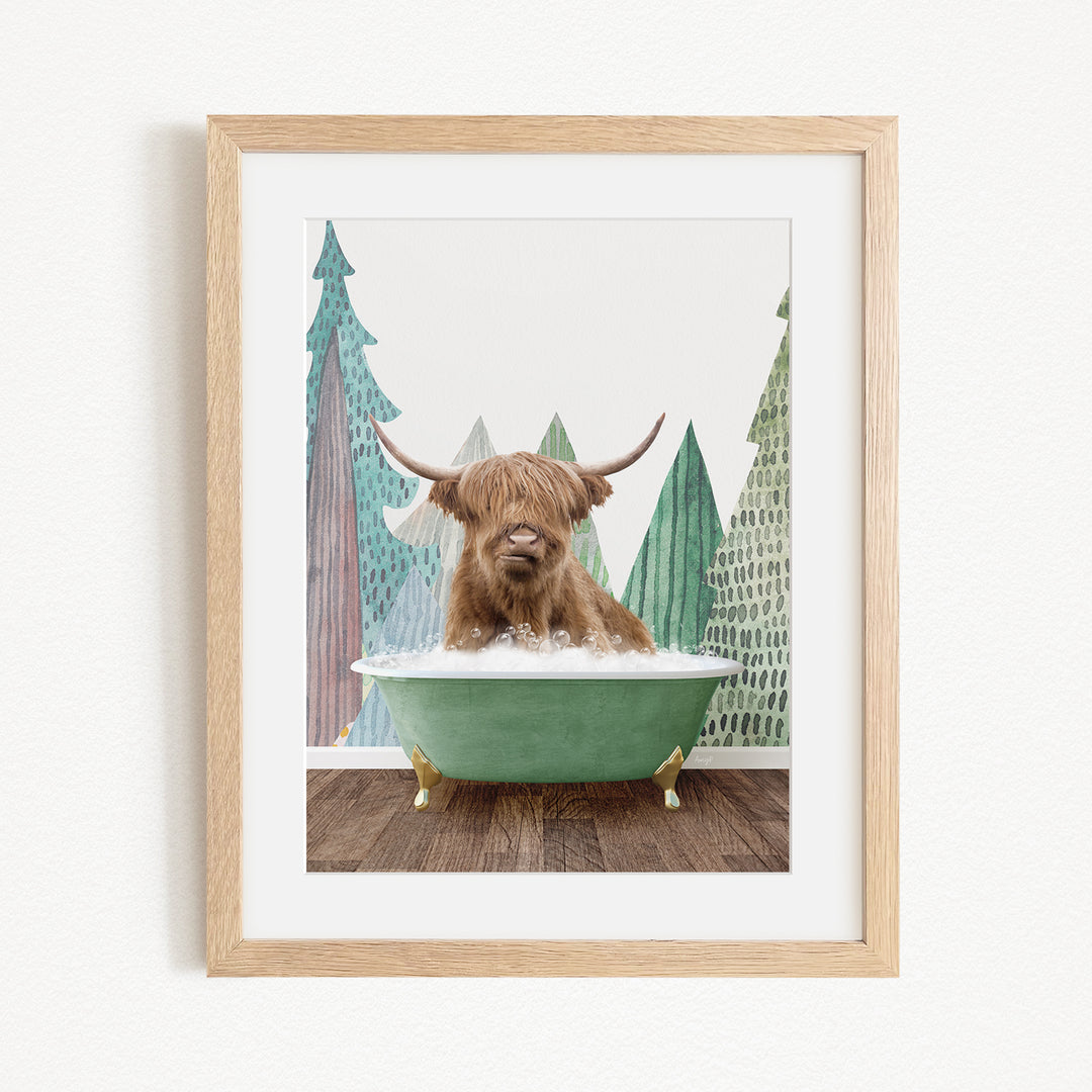 A brown cow with horns is sitting in a green bathtub, surrounded by trees and a snowy landscape.