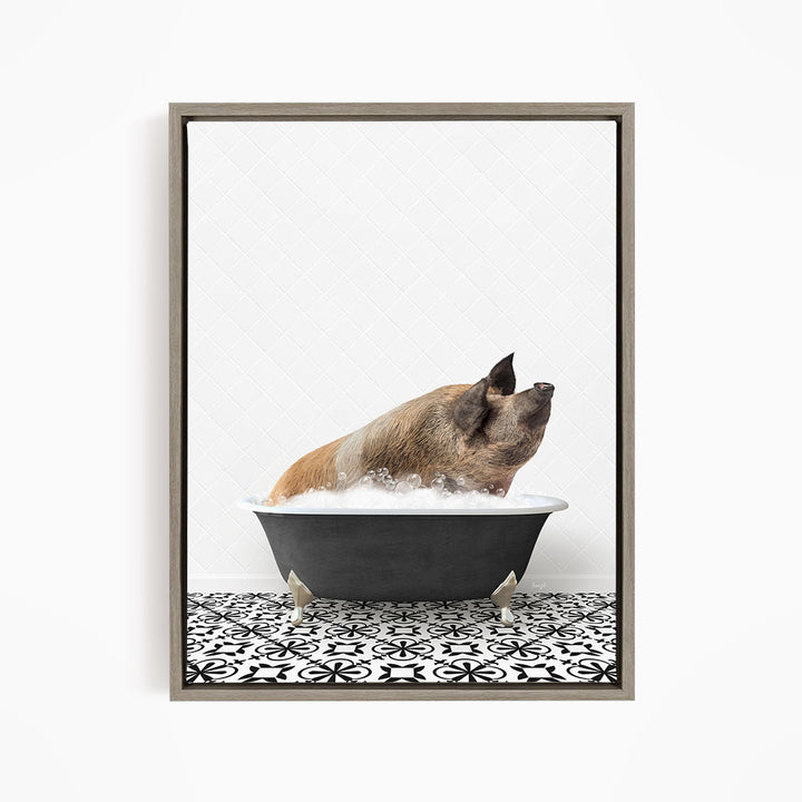 A pig sitting in a black bathtub filled with water, looking up at the camera.