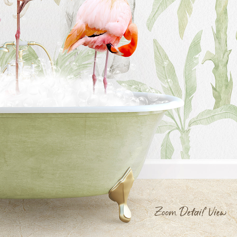 A pink flamingo standing in a green bathtub filled with bubbles, with a tropical plant wallpaper in the background.