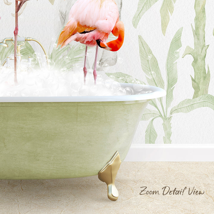 A pink flamingo standing in a green bathtub filled with bubbles, with a tropical plant wallpaper in the background.