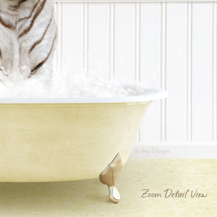 A white and black striped cat is sitting in a yellow bathtub filled with bubbles, with a white wall and a text overlay that reads "Zoom Detail View".