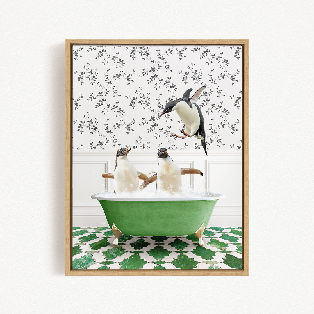 A framed image depicting three penguins sitting in a green bathtub, with one penguin flying towards the others.