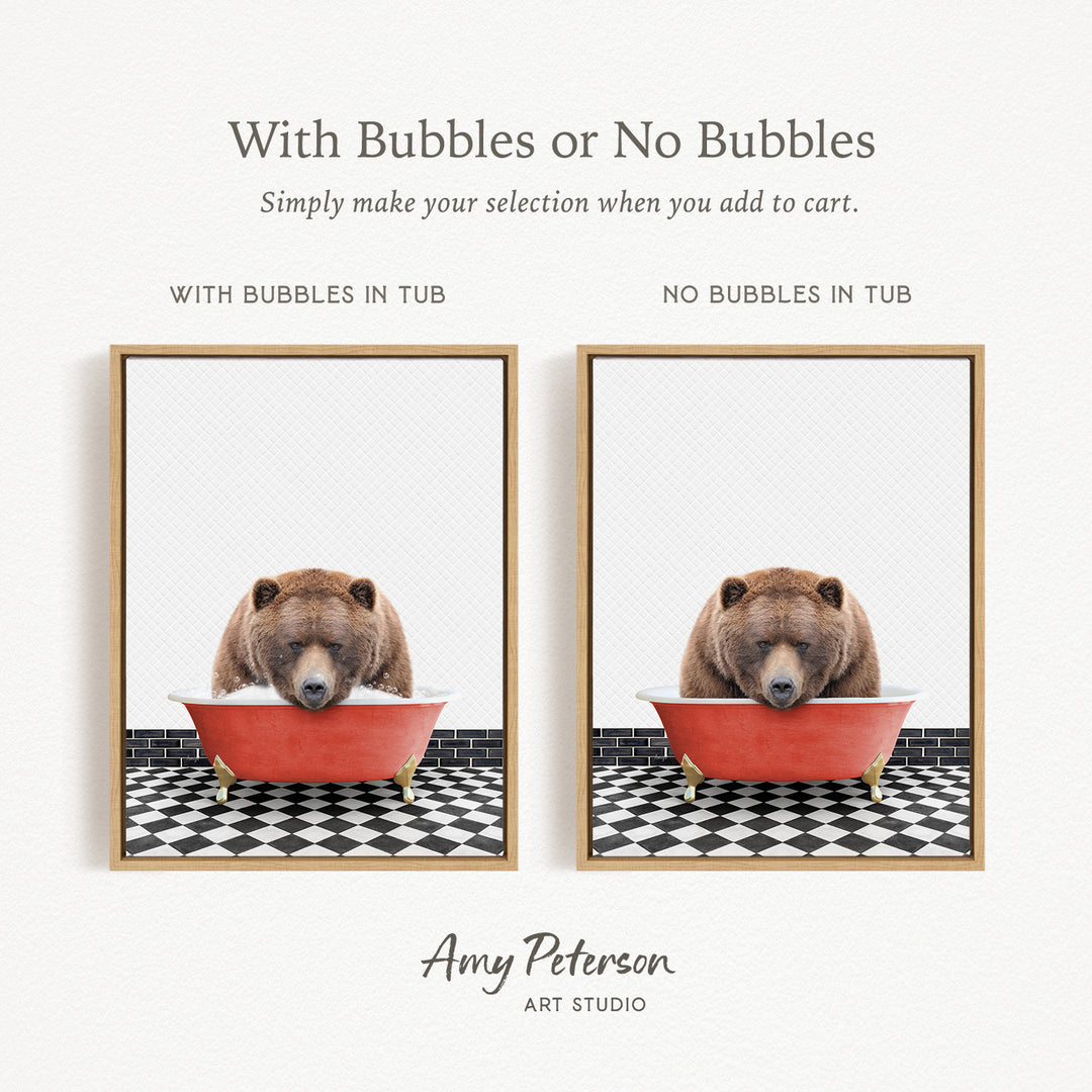 a brown bear sitting in a red bathtub, with the text "With Bubbles or No Bubbles" above the images.