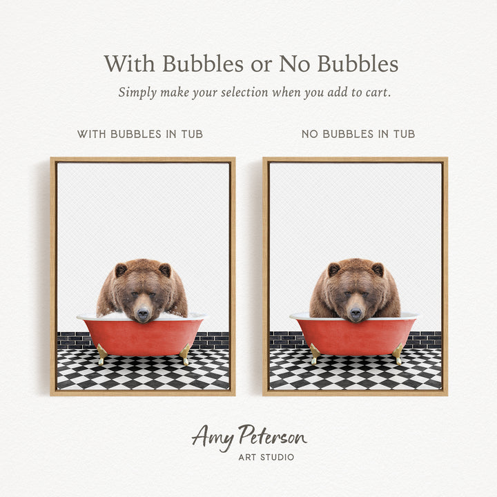 a brown bear sitting in a red bathtub, with the text "With Bubbles or No Bubbles" above the images.