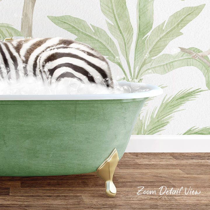 A zebra is sitting in a green bathtub filled with bubbles, with a tropical plant mural in the background.