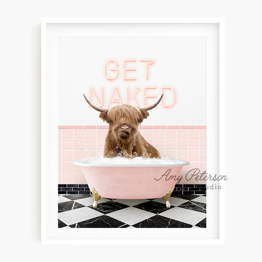 a picture of a dog in a bathtub with the words get naked above it