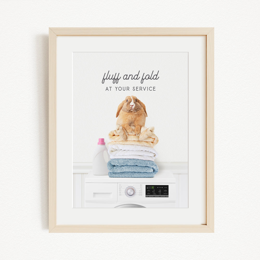 A framed image depicting a fluffy rabbit sitting atop a stack of folded towels, with a washing machine and detergent bottle visible below.