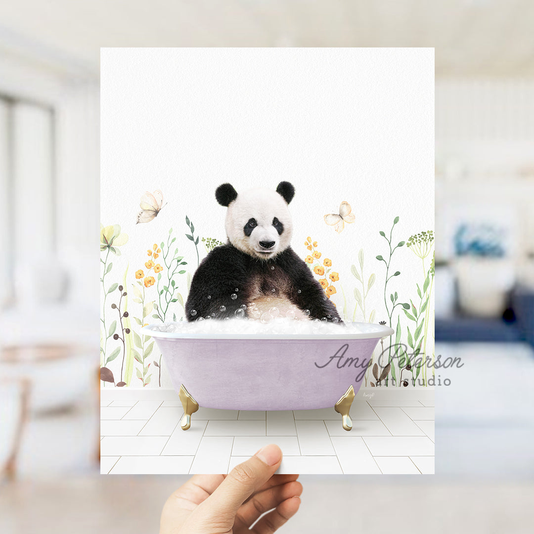 a panda bear sitting in a bathtub with flowers